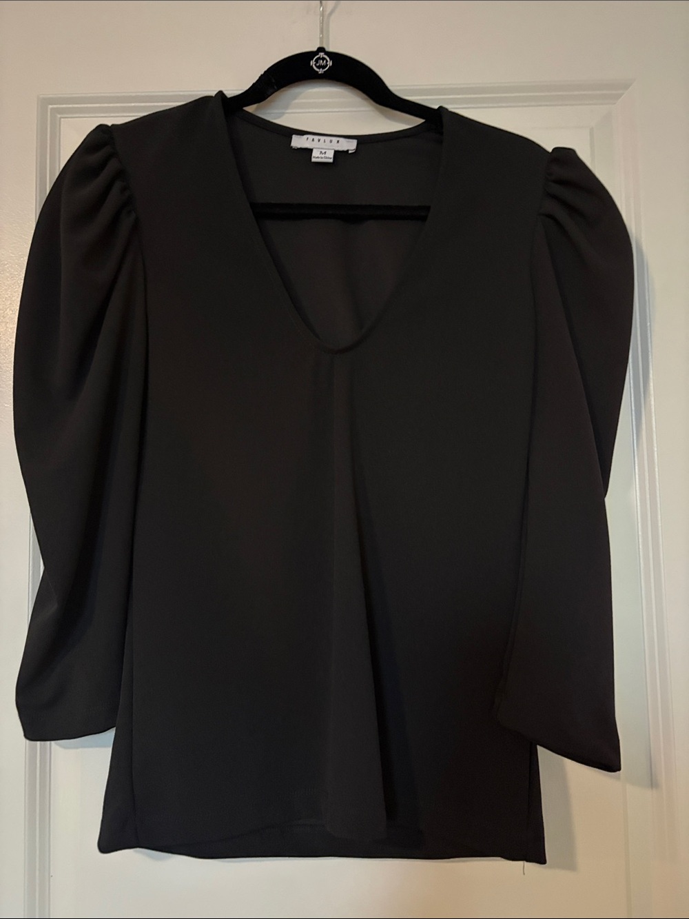 FAVLUX Black V-Neck Puff Sleeve Blouse